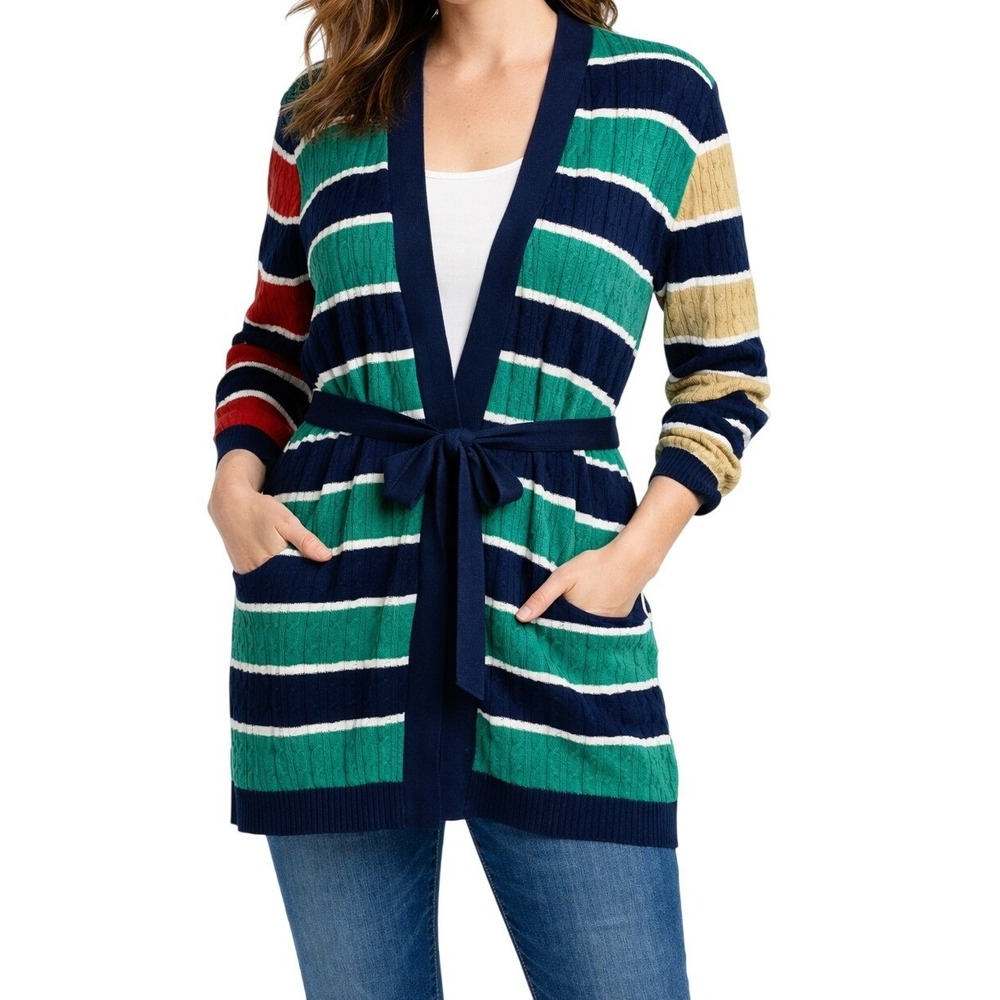 Lands' End Cardigan Women 3X Multi Colorblock Striped Cable Knit Belted Sweater